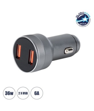 GloboStar® 85435 Φορτιστής Αναπτήρα Αυτοκινήτου Γρήγορης Φόρτισης PD 36W 6A με 2 Θύρες USB Ασημί Νίκελ